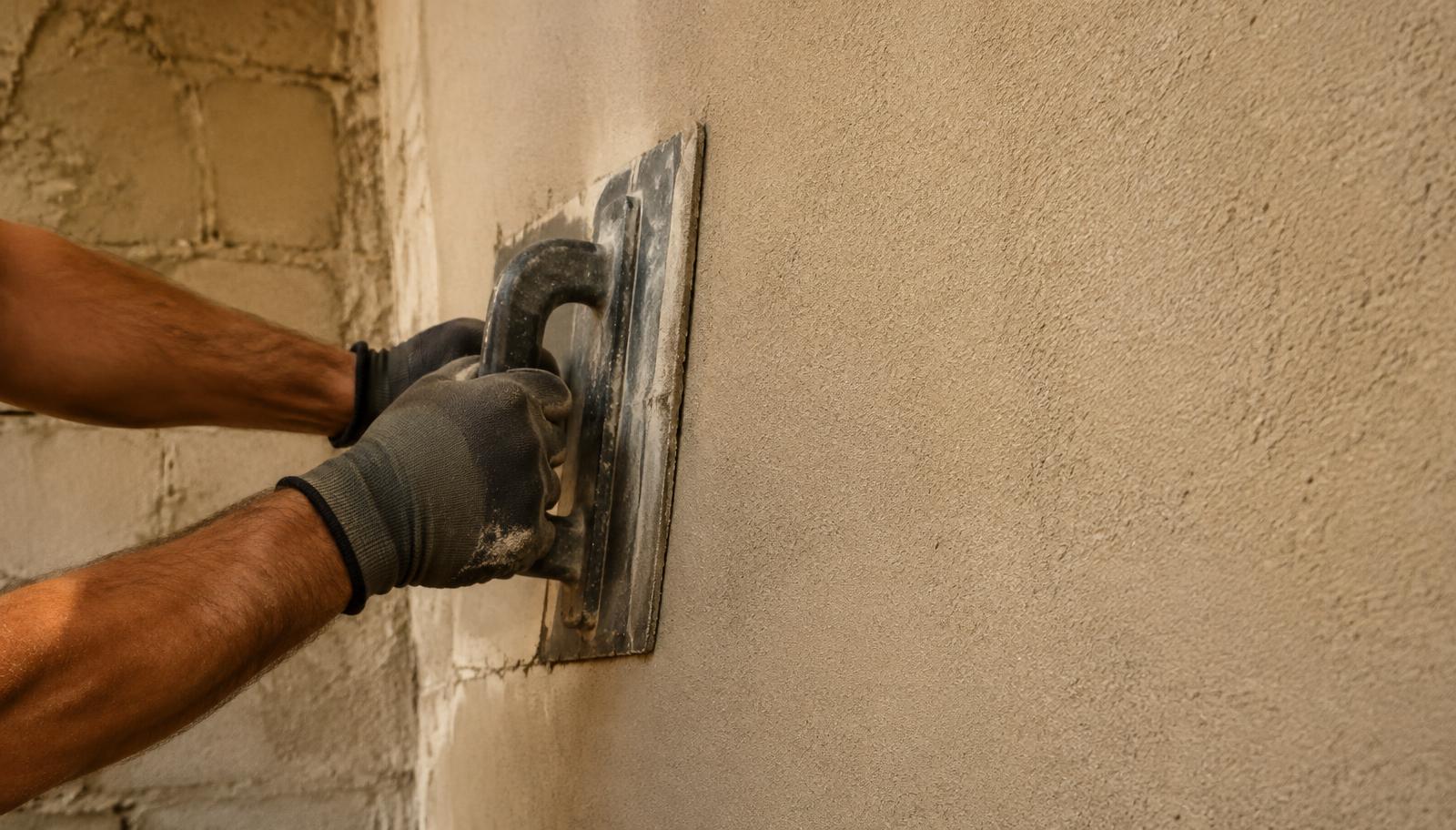 Gloved hands floating a fresh sand stucco finish