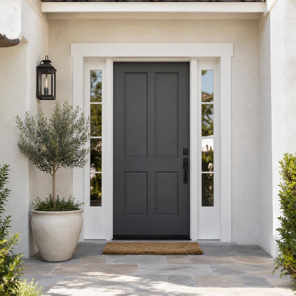 Freshly painted front entry with a charcoal door and crisp white trim
