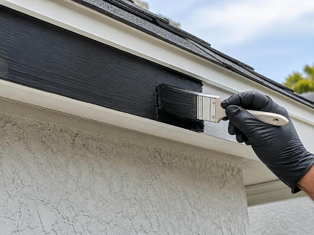 Gloved hand brushing black paint onto fascia above a stucco wall