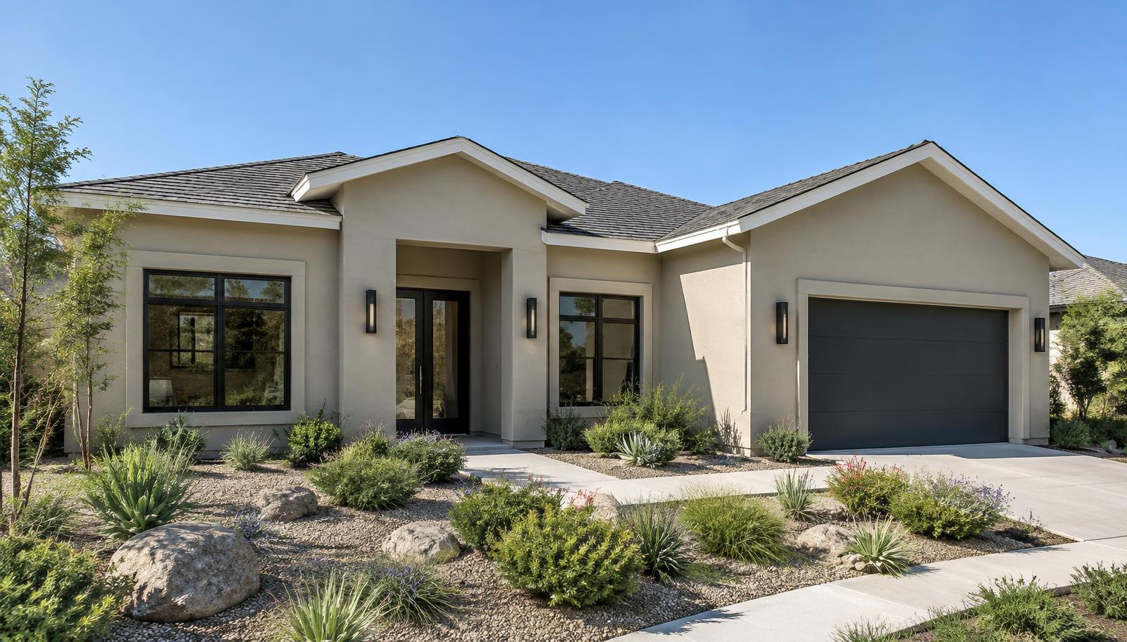 Freshly painted greige stucco home with black window frames and white fascia