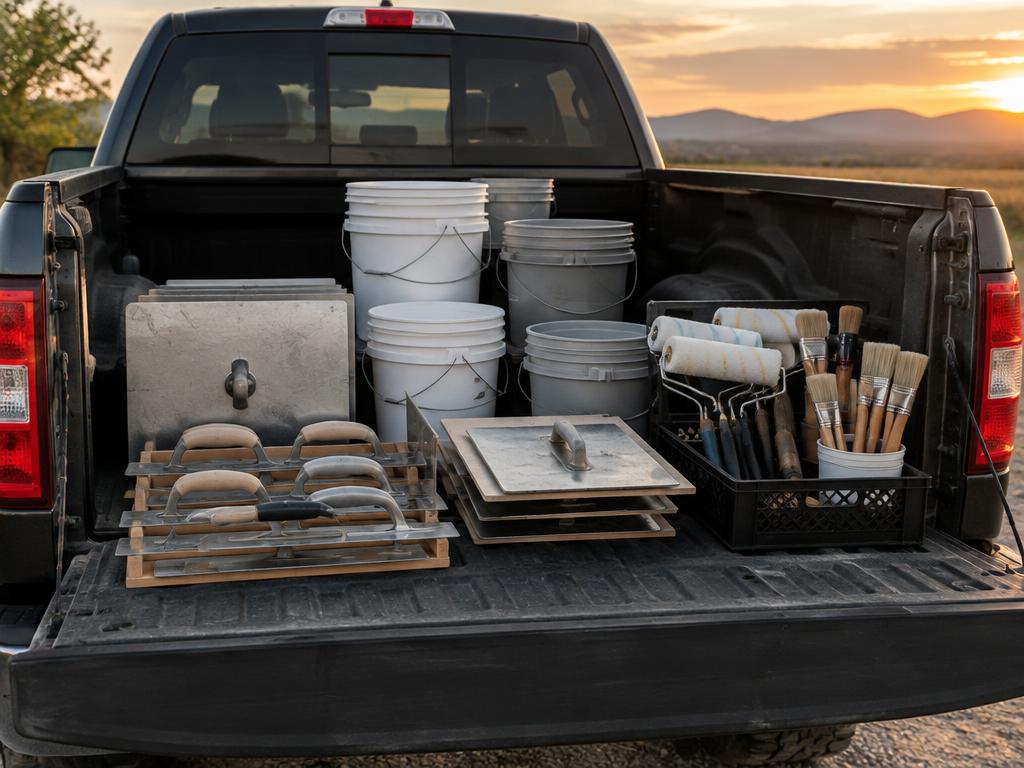 Truck tailgate with neatly organized stucco trowels, buckets, rollers, and brushes