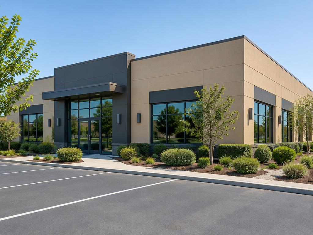 Low-rise commercial building with sand and charcoal stucco facade