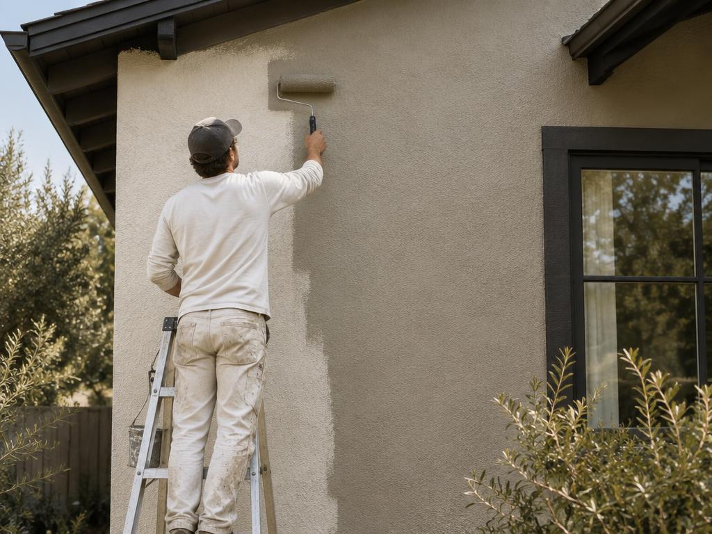 Painter on a ladder rolling greige paint onto a stucco wall