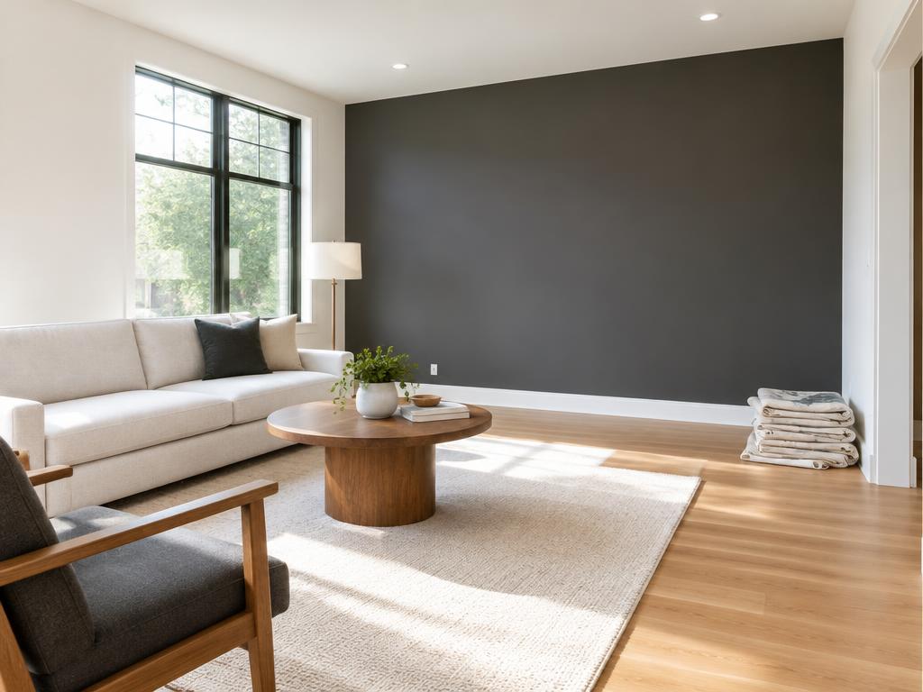 Bright living room with crisp white walls and a charcoal accent wall