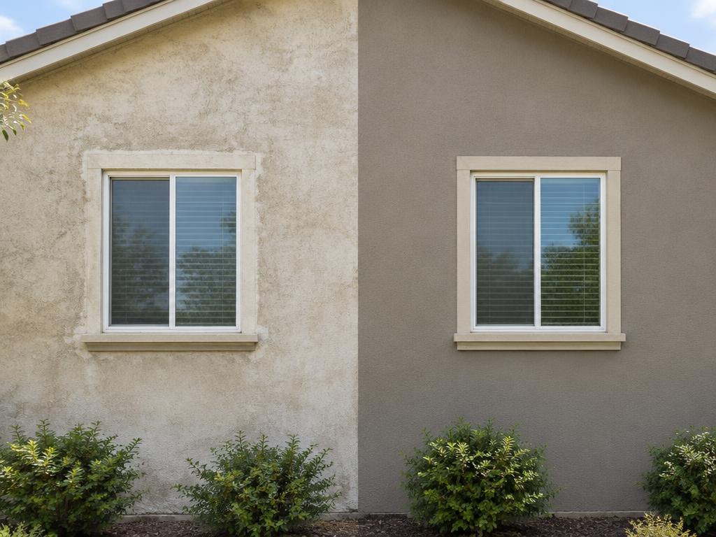Faded stucco facade beside a freshly color-coated section of the same wall