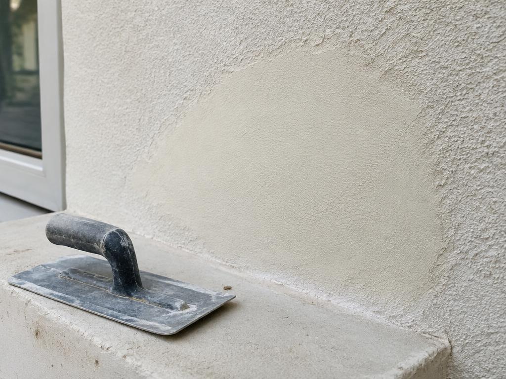 Freshly patched stucco wall blended to the surrounding sand texture, trowel on the ledge