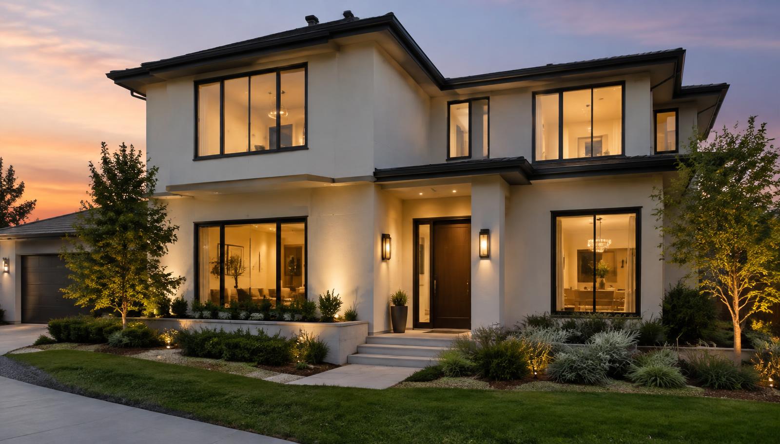 Warm white smooth-sand stucco exterior on a modern two-story home at twilight