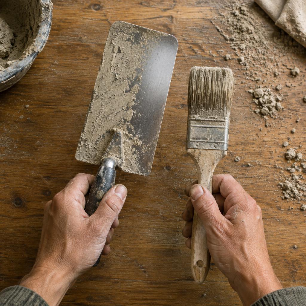 Hands holding a stucco trowel and a paintbrush side by side over a work surface