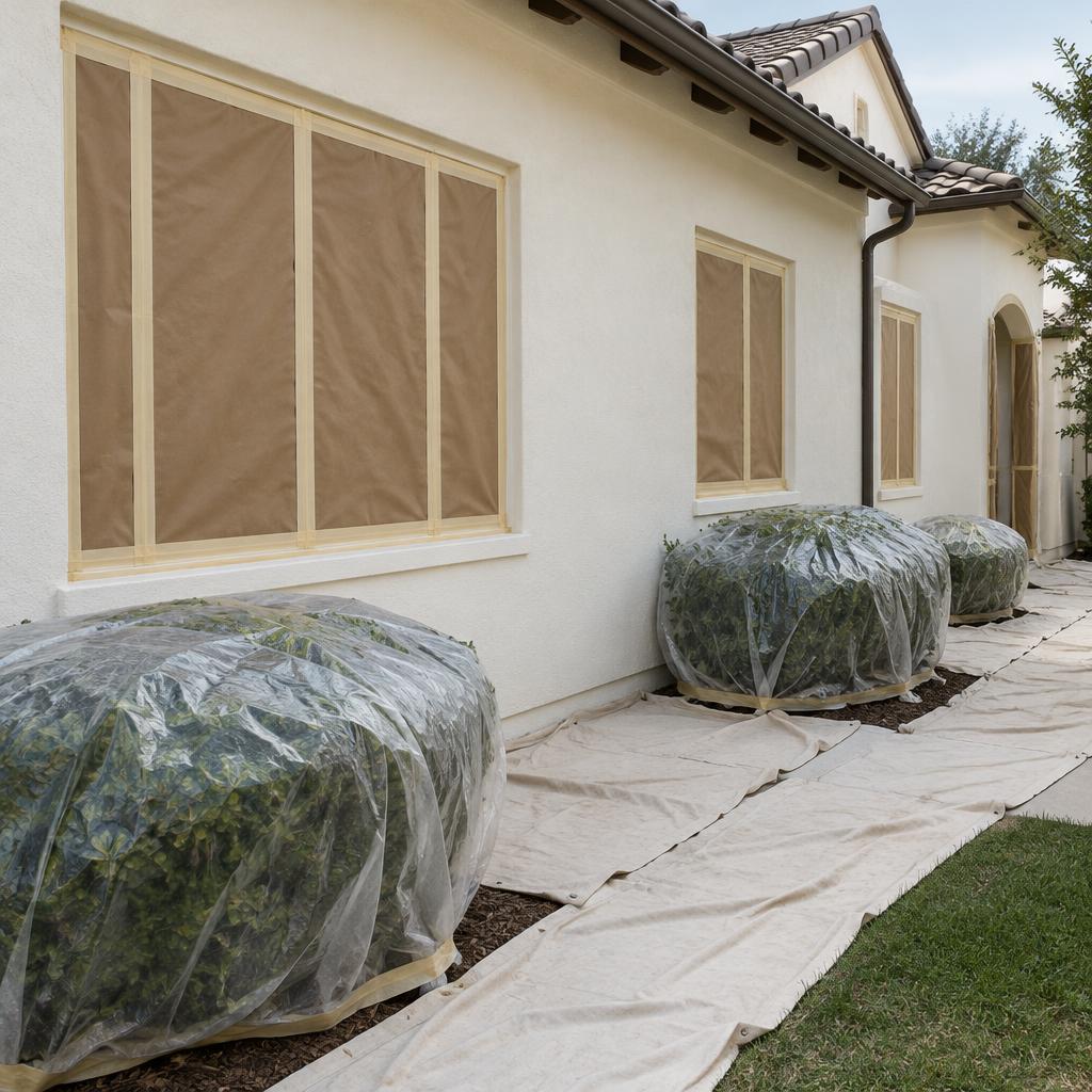 Stucco home exterior with windows masked and shrubs covered before work begins