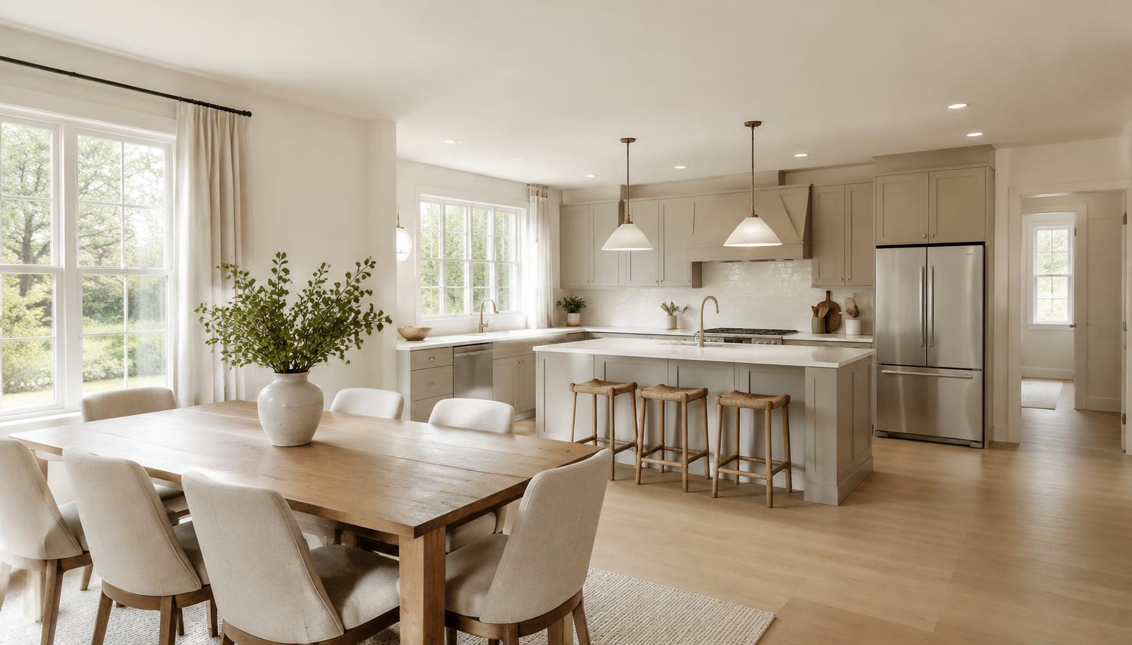 Dining room and kitchen with freshly painted warm white walls and ceilings