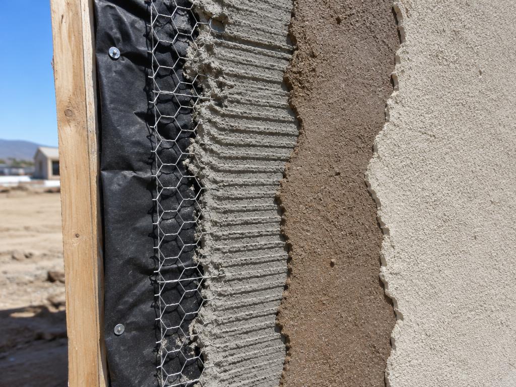 Stucco wall layers: building paper, lath, scratch coat, brown coat, and finish
