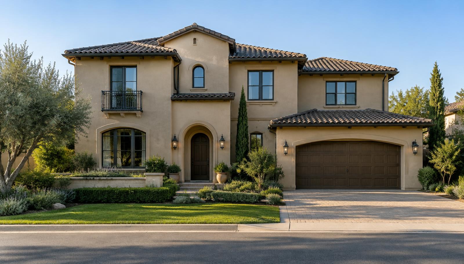 Two-story stucco home with a fresh warm sand color coat