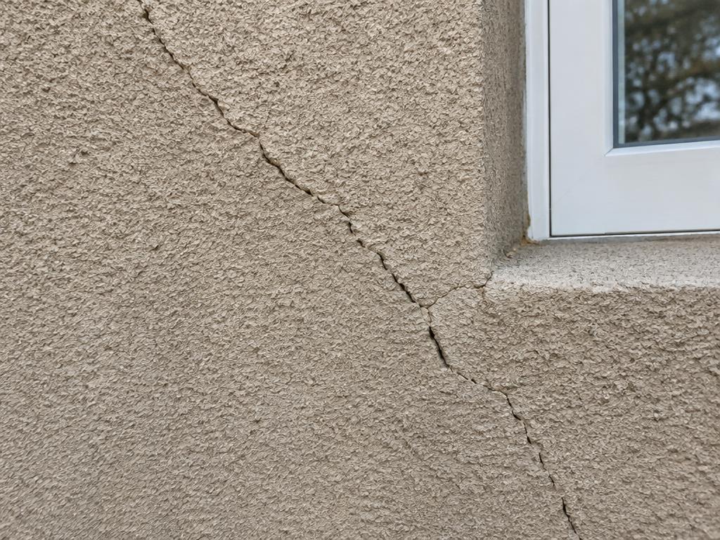 Hairline crack running through beige sand-finish stucco near a window